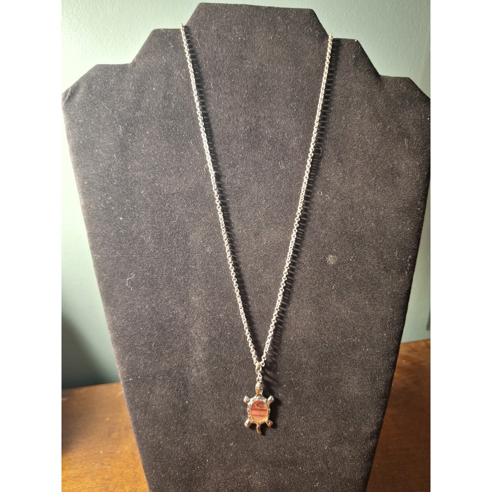 Silver Tone Turtle Pendant Necklace Pink Orange Inlay Shell Adjustable Chain